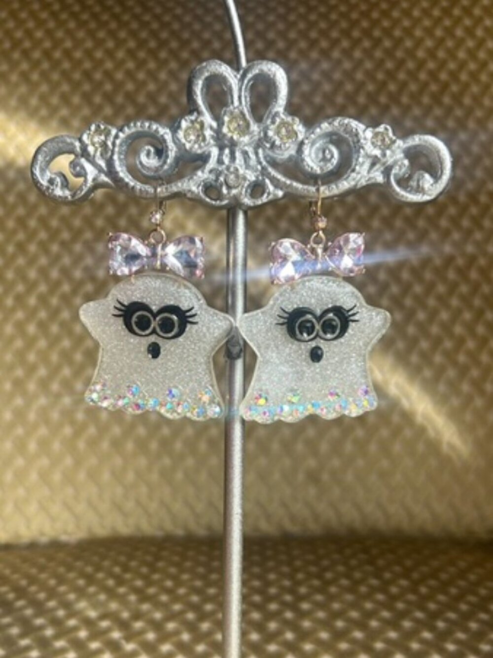 Betsy Johnson GHOST Pink Crystal Bow GLITTER  Rhinestone Halloween Earrings